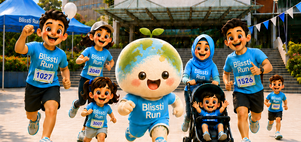 Blissti mascot and happy families running together